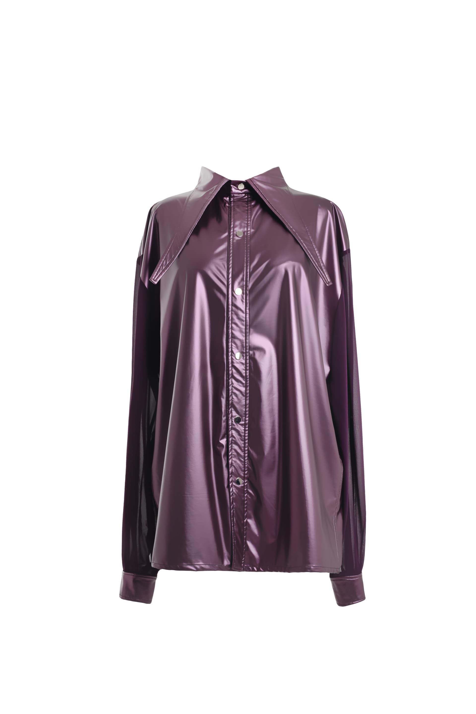 Рубашка фиолетовая из латекса и рукавами из шифона с фигурным воротником — ракурс 1